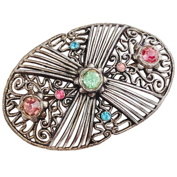 Antique Edwardian Uranium Glass Brooch Filigree 1910s Art Deco Transition VTG - Picture 1 of 10